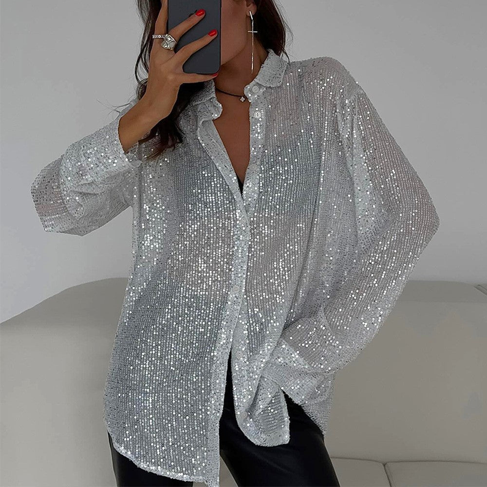 Sequin Sheer Oversized Button Down Shirt - view 1