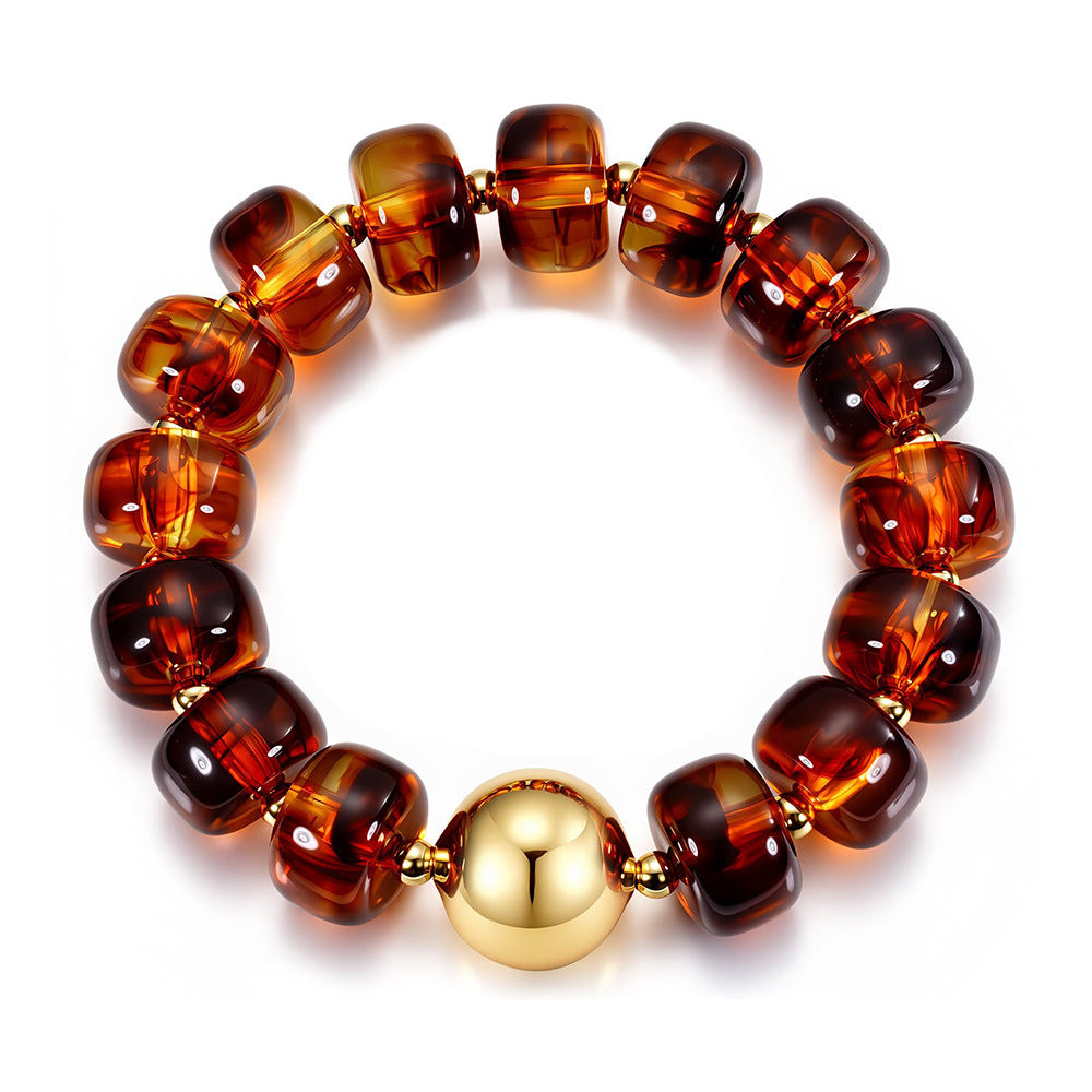 Chunky Resin Rondelle Beaded Bracelet With Ball Bead - Amber