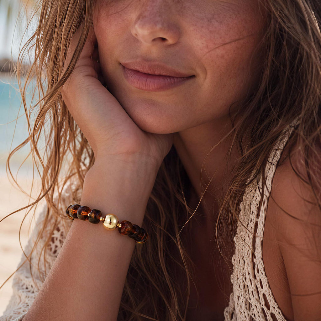 Chunky Resin Rondelle Beaded Bracelet With Ball Bead - Amber - 1