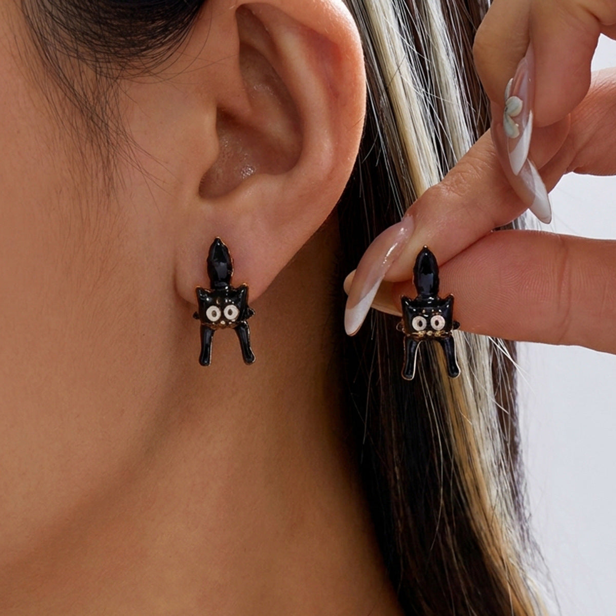 Spooky Cat And Ghost Enamel Stud Earrings - Cat - 1