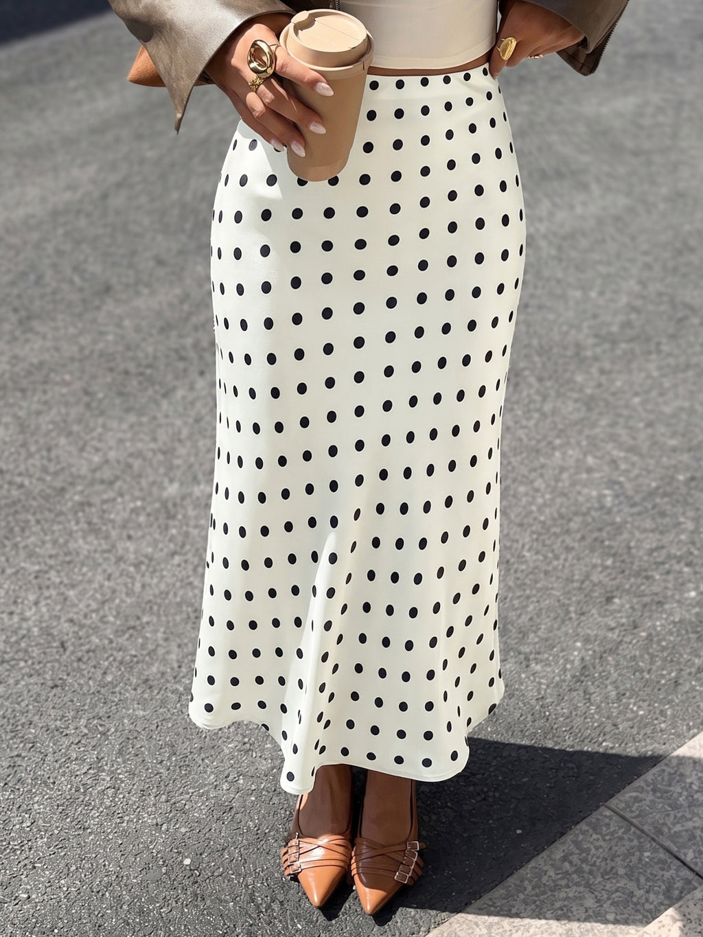 Dotted Fishtail Hem Maxi Skirt - Apricot - 4