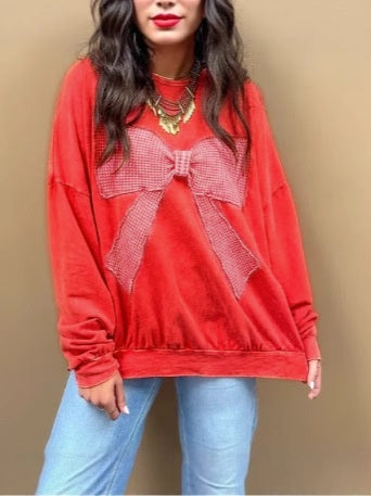 Gingham Bow Patch Oversized Long Sleeve Tee - Red