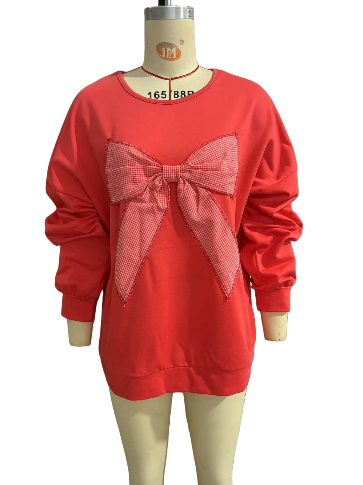 Gingham Bow Patch Oversized Long Sleeve Tee - Red - 1