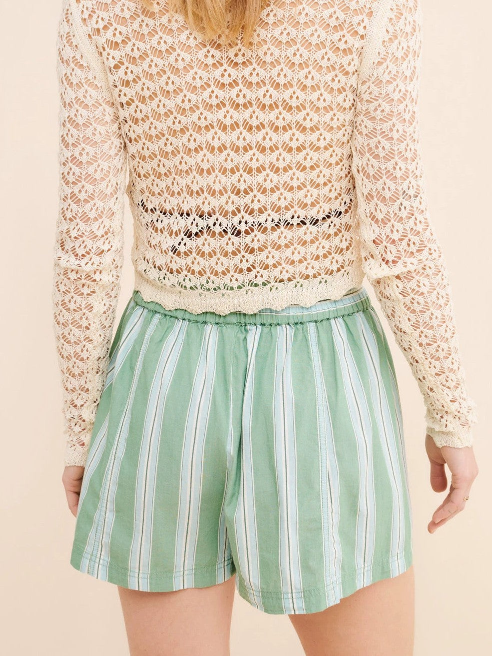 Striped Elastic Waist Flowy Summer Shorts - Green - 3