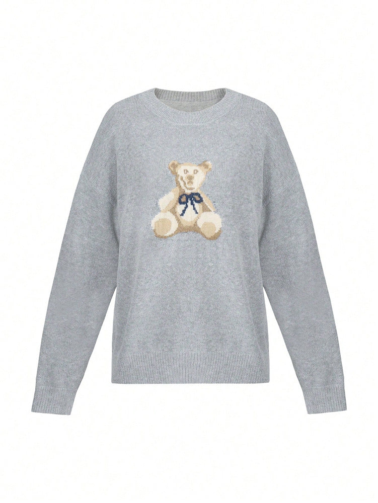 Teddy Bear Graphic Crew Neck Sweater - Grey - 1