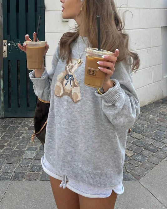 Teddy Bear Graphic Crew Neck Sweater - Grey - 6