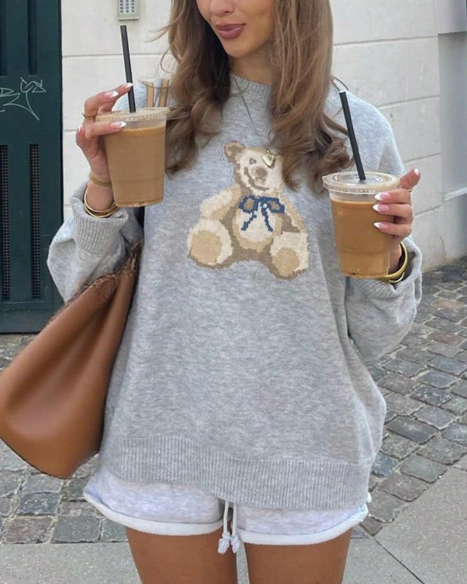 Teddy Bear Graphic Crew Neck Sweater - Grey - 7