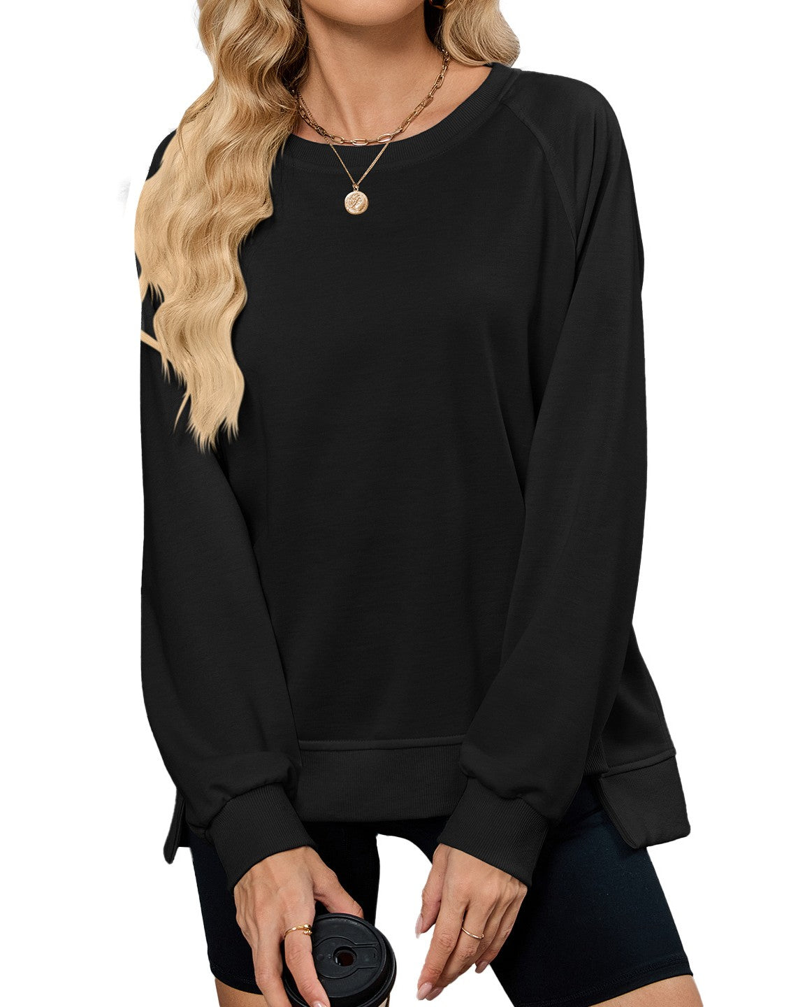 Raglan Sleeve Side Split Crew Sweatshirt - Black