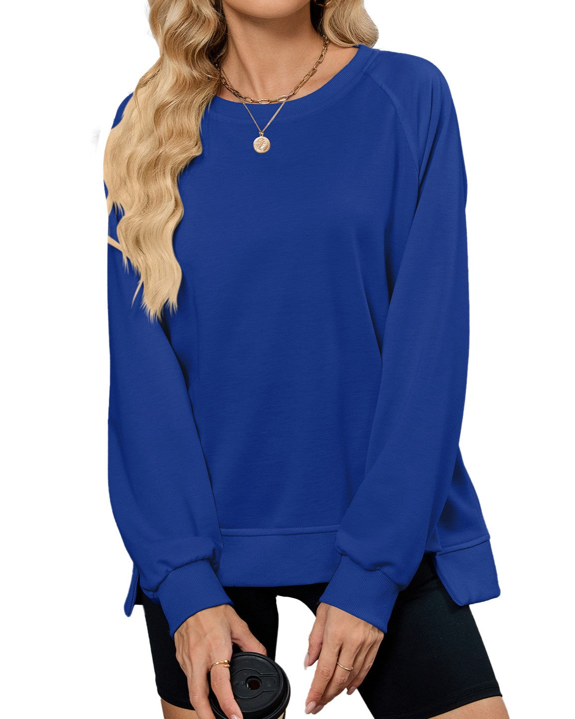 Raglan Sleeve Side Split Crew Sweatshirt - Blue