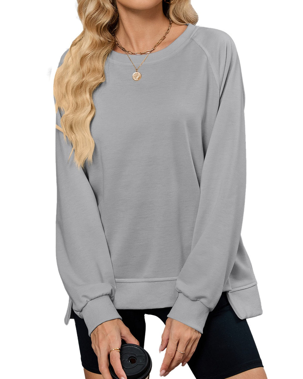 Raglan Sleeve Side Split Crew Sweatshirt - Gray