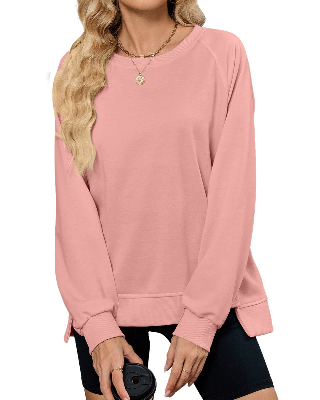 Raglan Sleeve Side Split Crew Sweatshirt - Pink