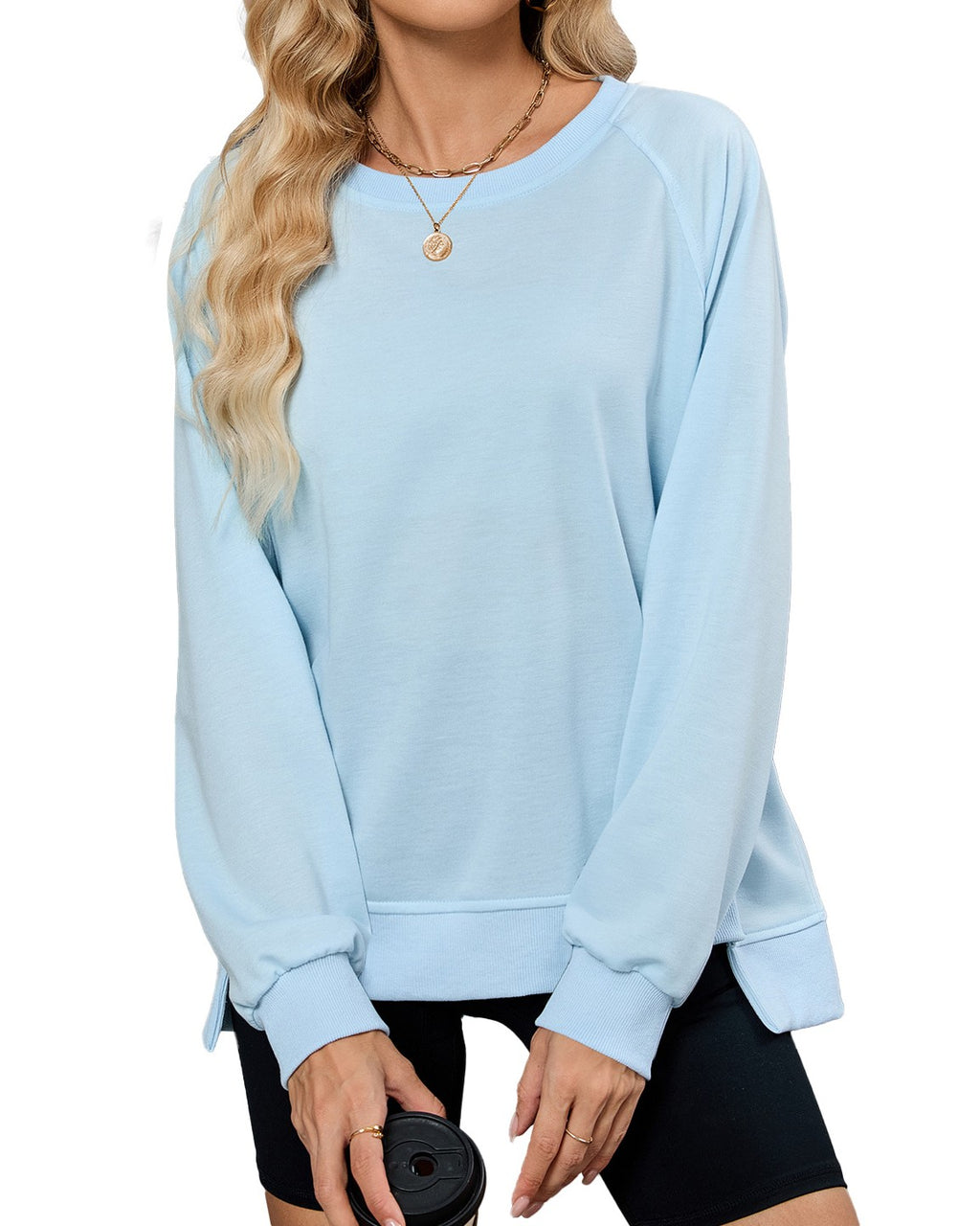 Raglan Sleeve Side Split Crew Sweatshirt - Sky-Blue