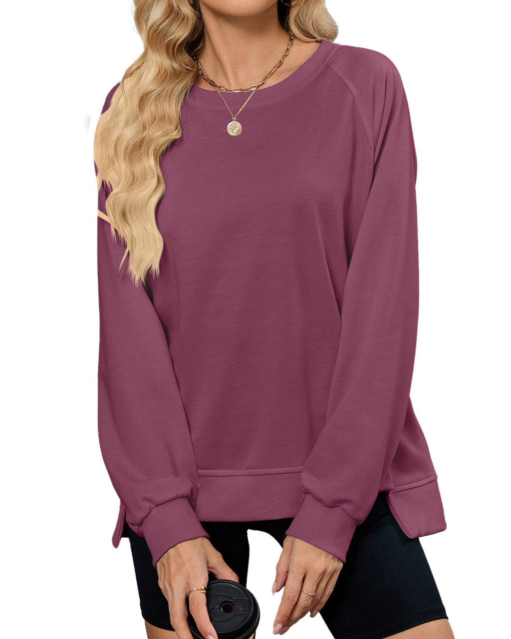 Raglan Sleeve Side Split Crew Sweatshirt - Wine-Red