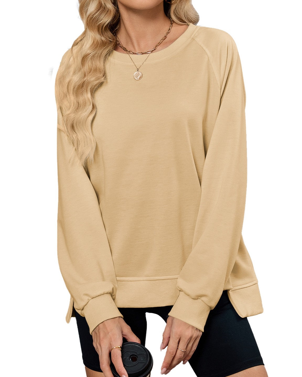 Raglan Sleeve Side Split Crew Sweatshirt - Yellow - 1