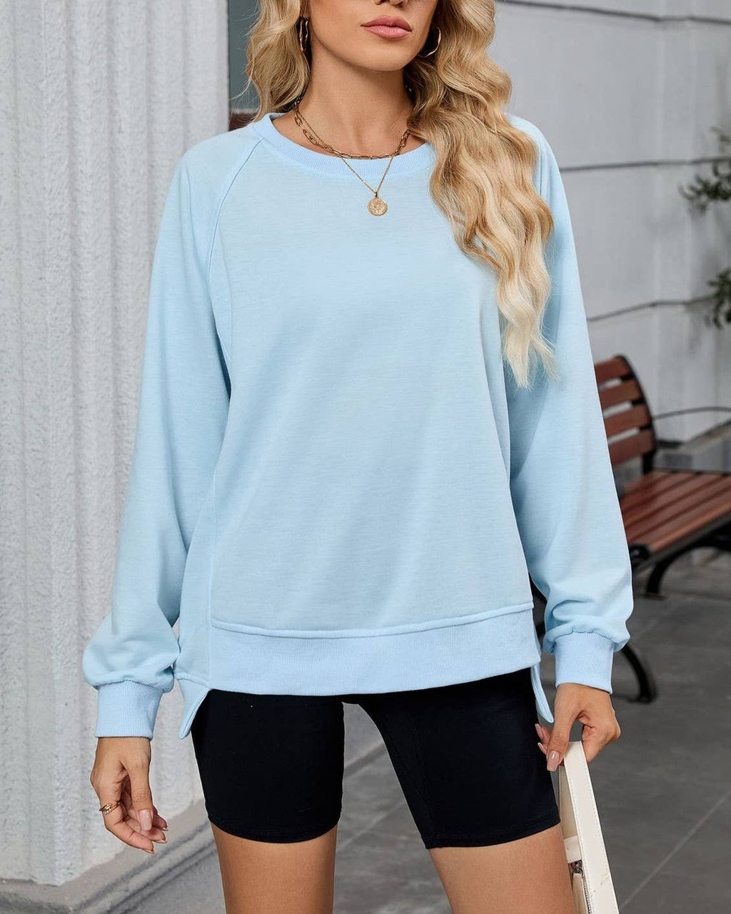 Raglan Sleeve Side Split Crew Sweatshirt
