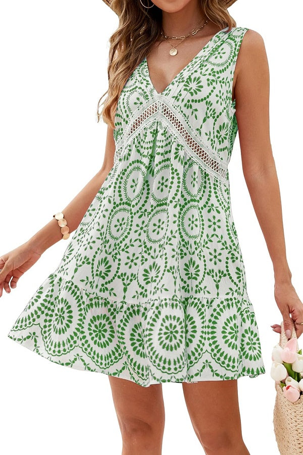 Medallion Print Lace Trim Mini Dress - Green