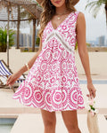 Medallion Print Lace Trim Mini Dress - Red