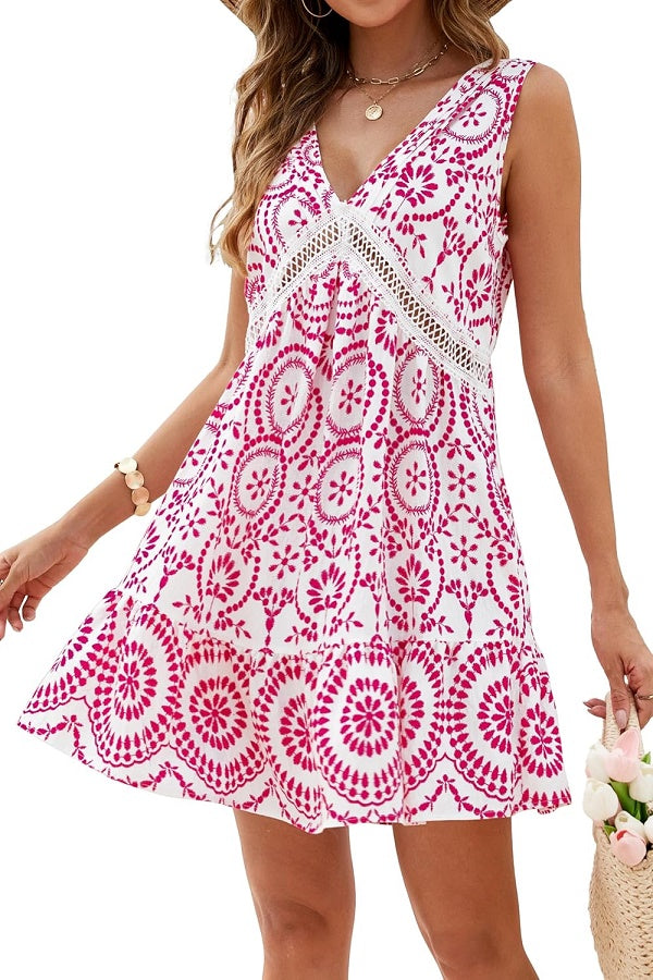 Medallion Print Lace Trim Mini Dress - Red - 1