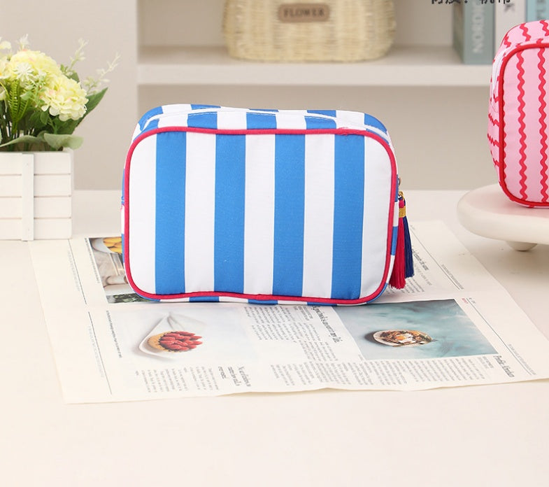Striped Canvas Zip Pouch Bag With Tassel - Blue