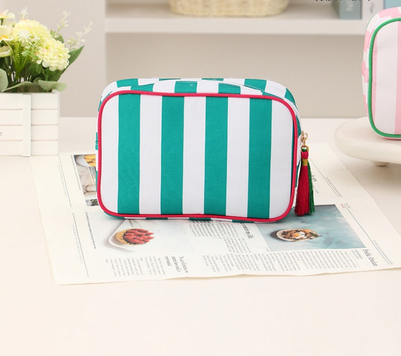 Striped Canvas Zip Pouch Bag With Tassel - Green