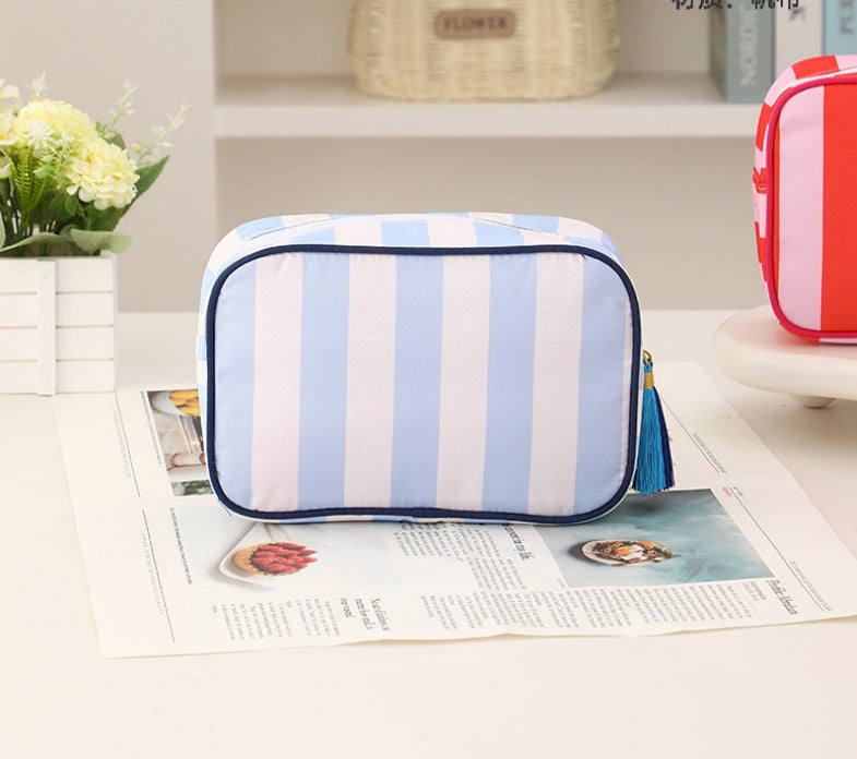 Striped Canvas Zip Pouch Bag With Tassel - LightBlue