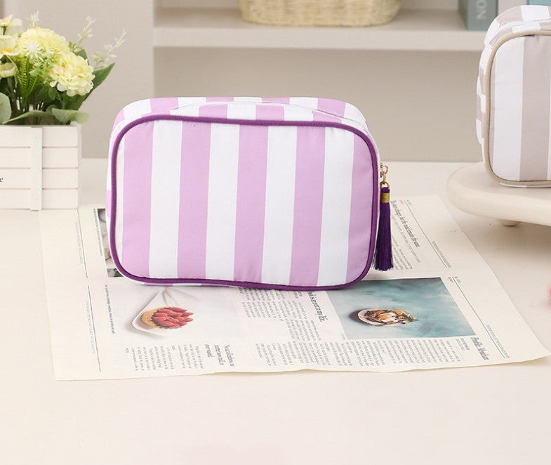 Striped Canvas Zip Pouch Bag With Tassel - Purple