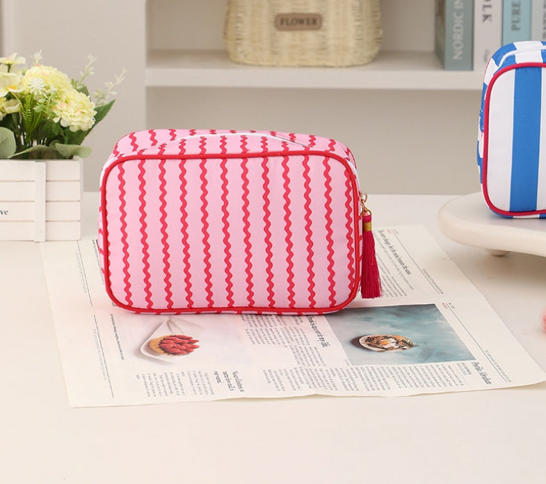 Striped Canvas Zip Pouch Bag With Tassel - WaveRed