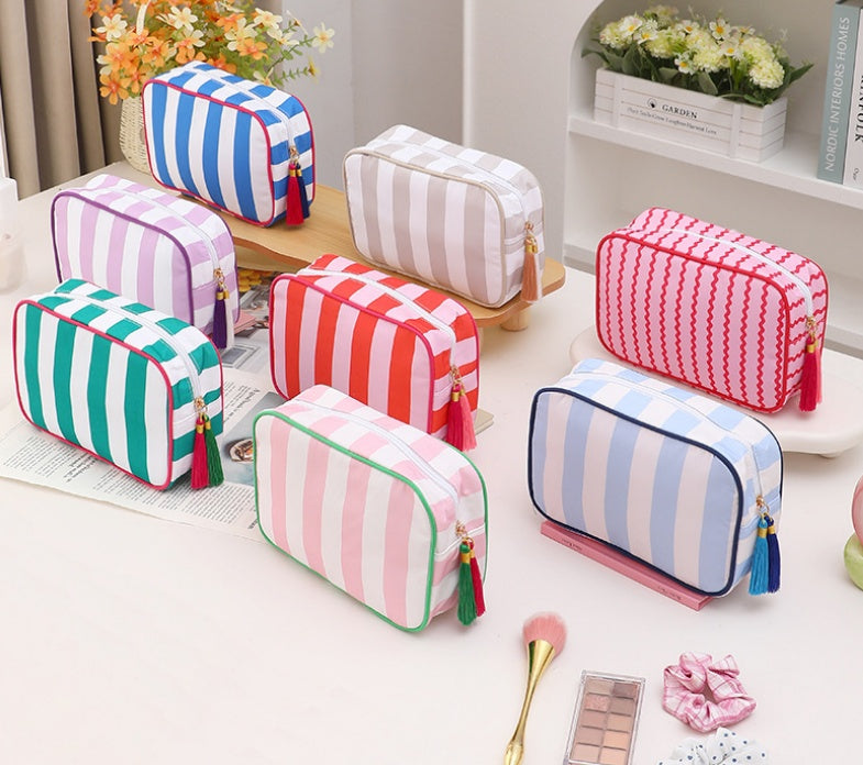 Striped Canvas Zip Pouch Bag With Tassel