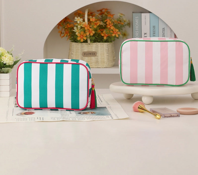 Striped Canvas Zip Pouch Bag With Tassel - view 1
