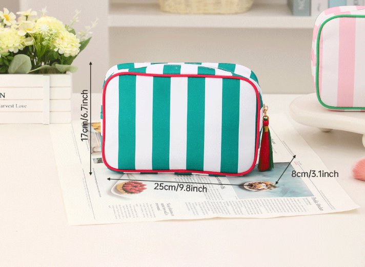 Striped Canvas Zip Pouch Bag With Tassel - view 2
