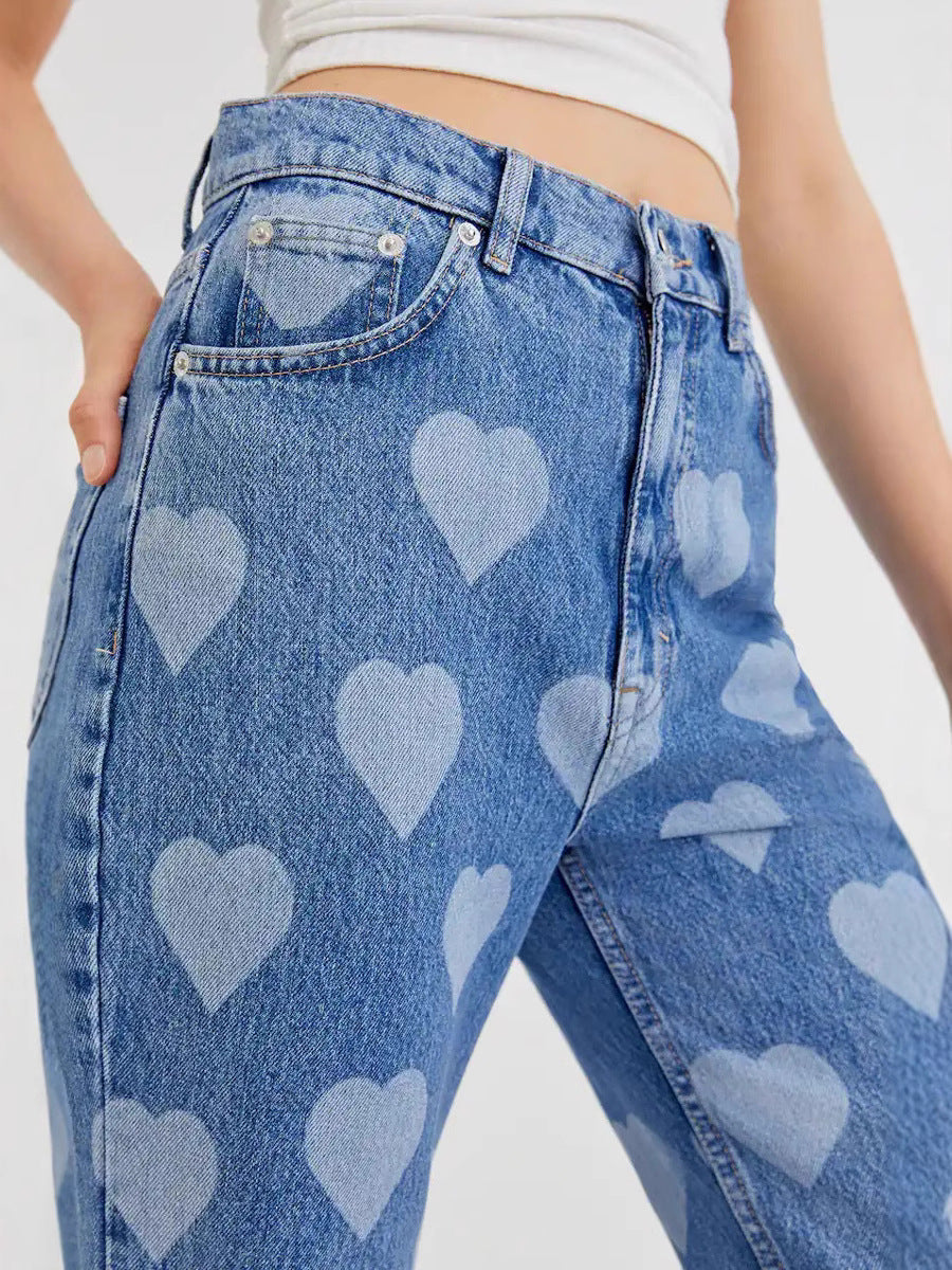 Heart Print High Waist Straight Jeans