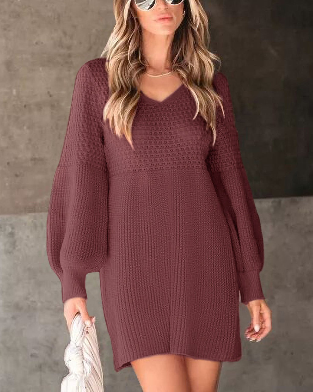 Textured Knit Balloon Sleeve Mini Dress - BrickRed