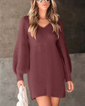 Textured Knit Balloon Sleeve Mini Dress - BrickRed