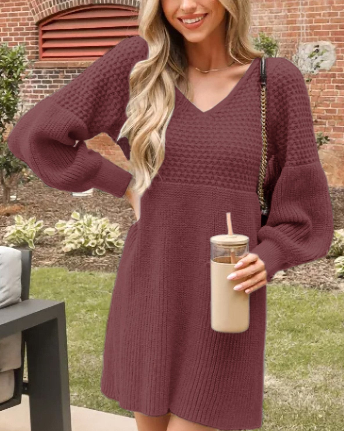 Textured Knit Balloon Sleeve Mini Dress - BrickRed - 1