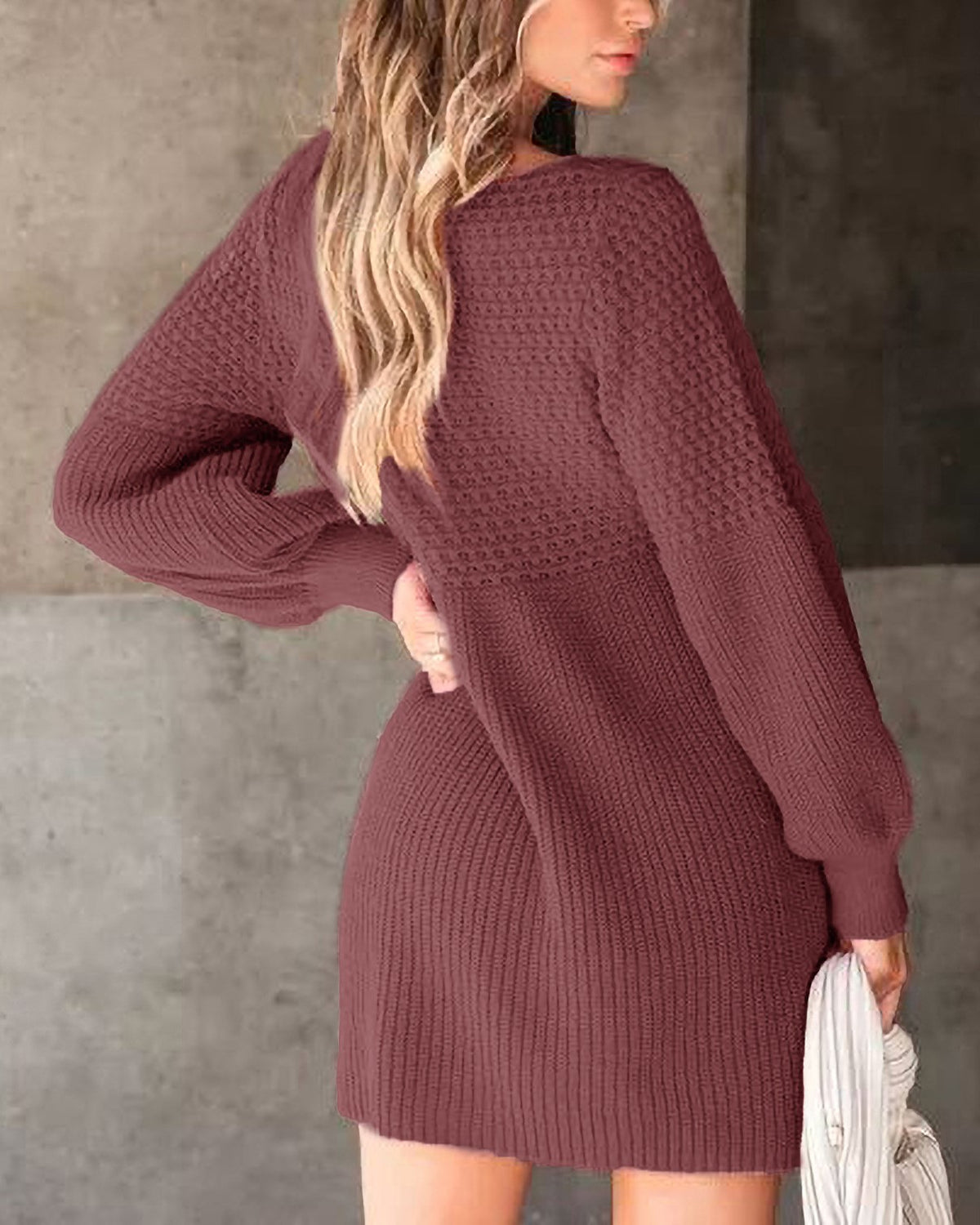 Textured Knit Balloon Sleeve Mini Dress - BrickRed - 3