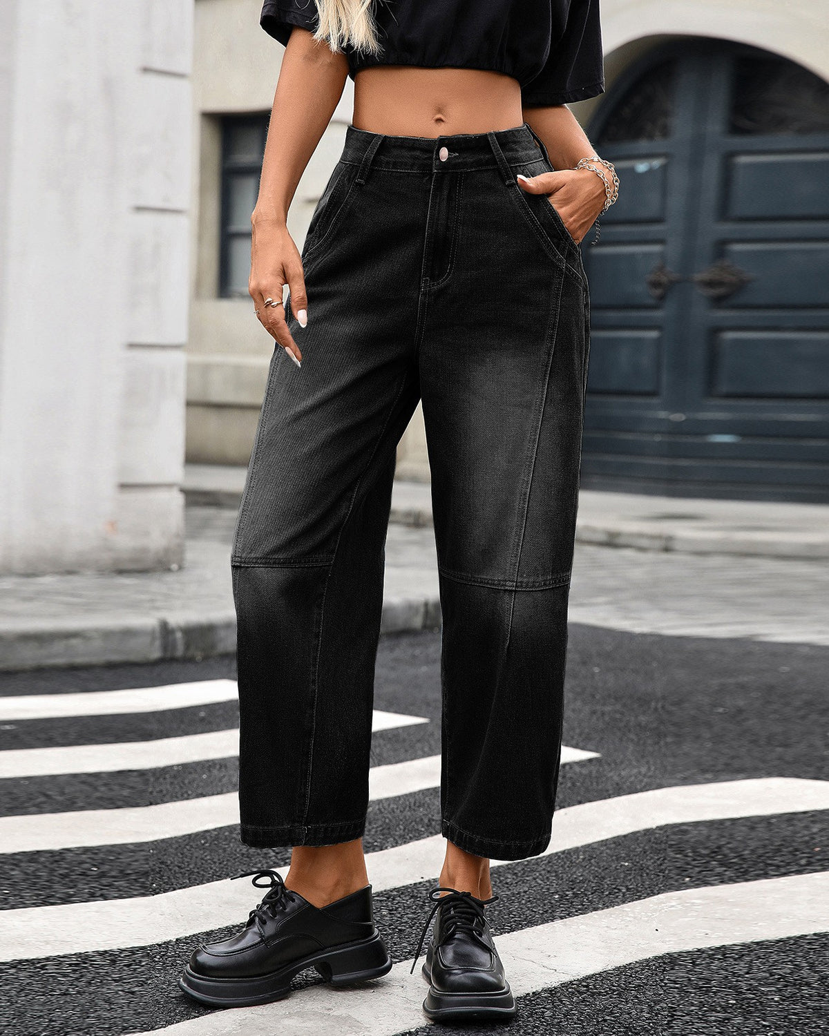 High Rise Barrel Leg Cropped Denim Jeans - Black