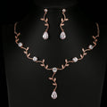 Leaf Vine Zirconia Teardrop Necklace And Earring Set - Rose Gold