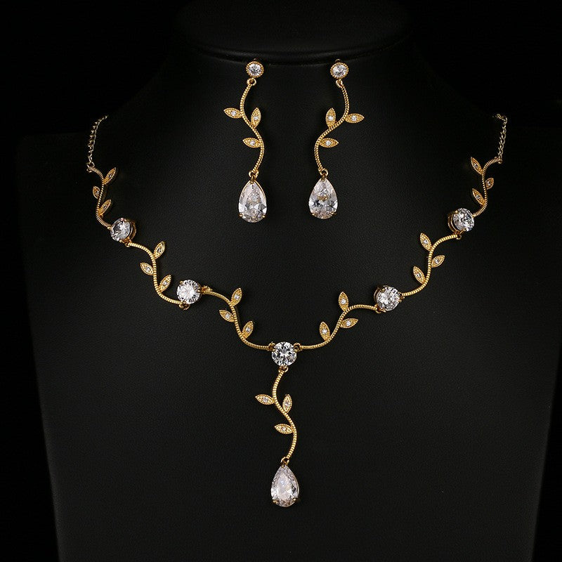 Leaf Vine Zirconia Teardrop Necklace And Earring Set