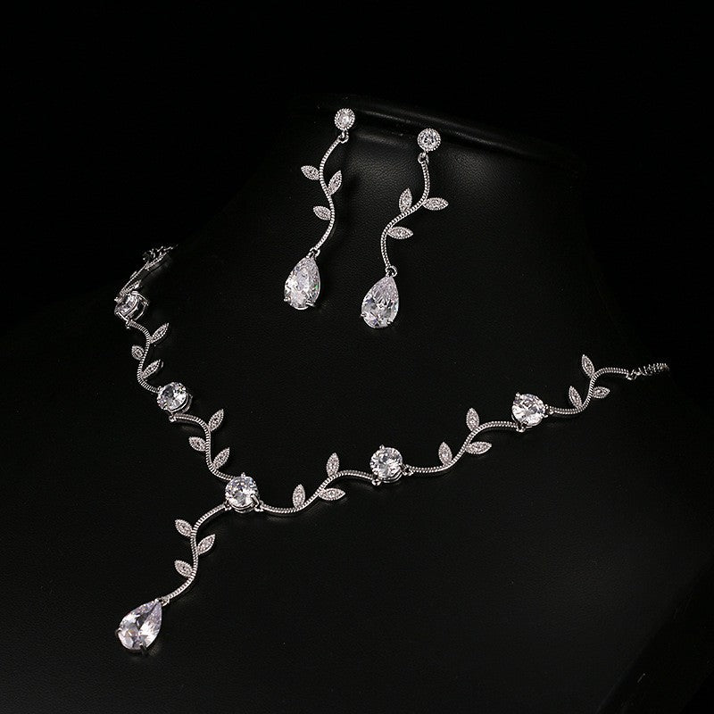 Leaf Vine Zirconia Teardrop Necklace And Earring Set