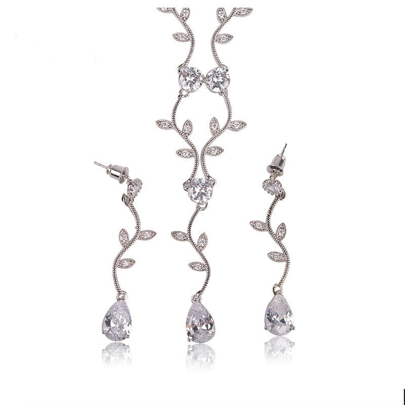 Leaf Vine Zirconia Teardrop Necklace And Earring Set