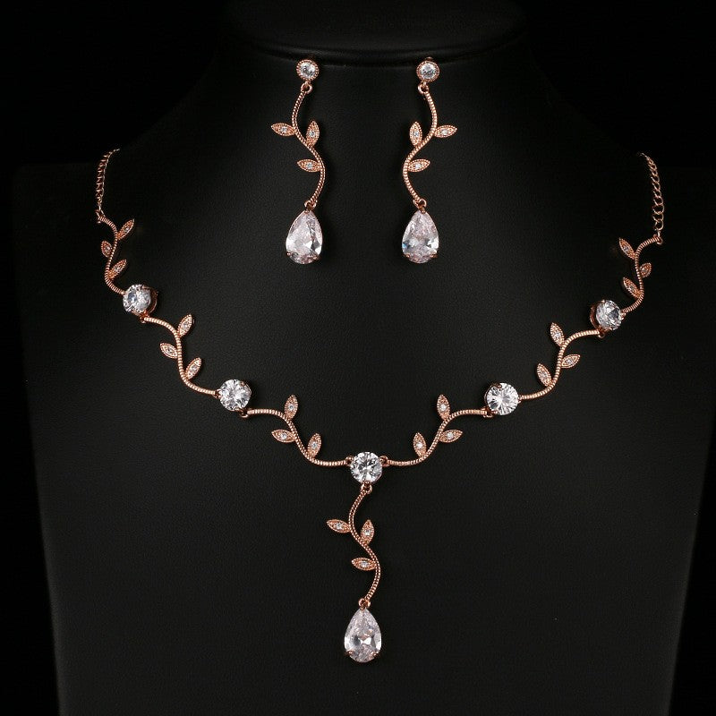 Leaf Vine Zirconia Teardrop Necklace And Earring Set