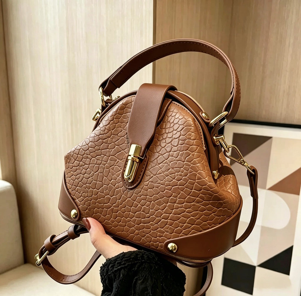 Pebbled Dome Satchel with Push Lock - Brown