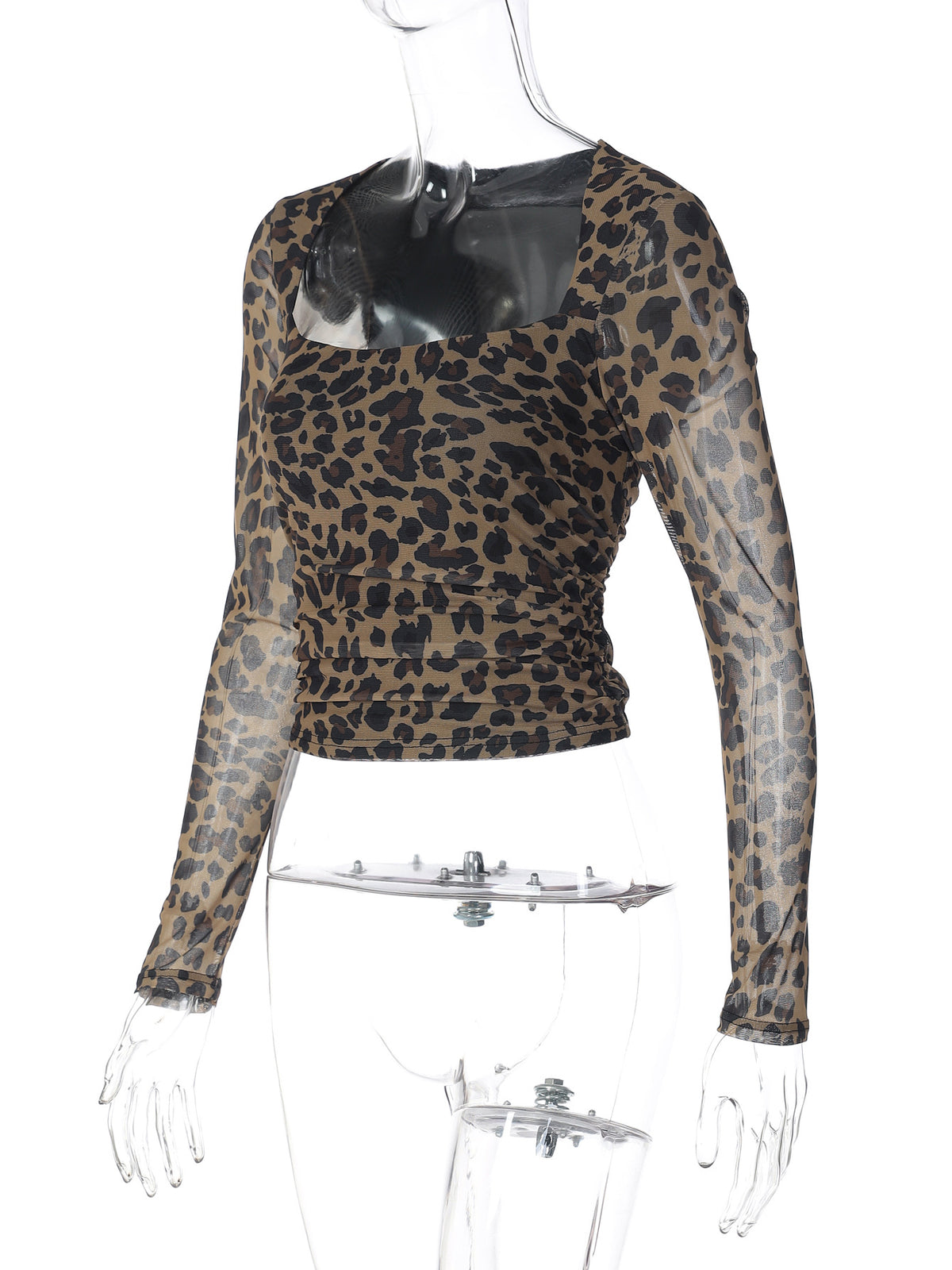 Sheer Leopard Mesh Long Sleeve Blouse - Leopard