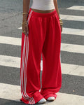 Wide Leg Track Pants With Racing Stripes - Red