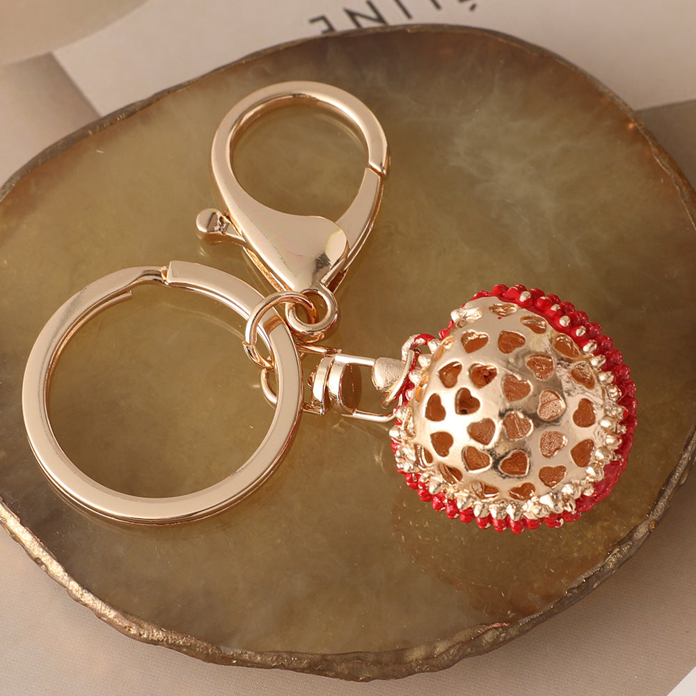 Rhinestone Lychee Fruit Charm Keychain - Red - 1