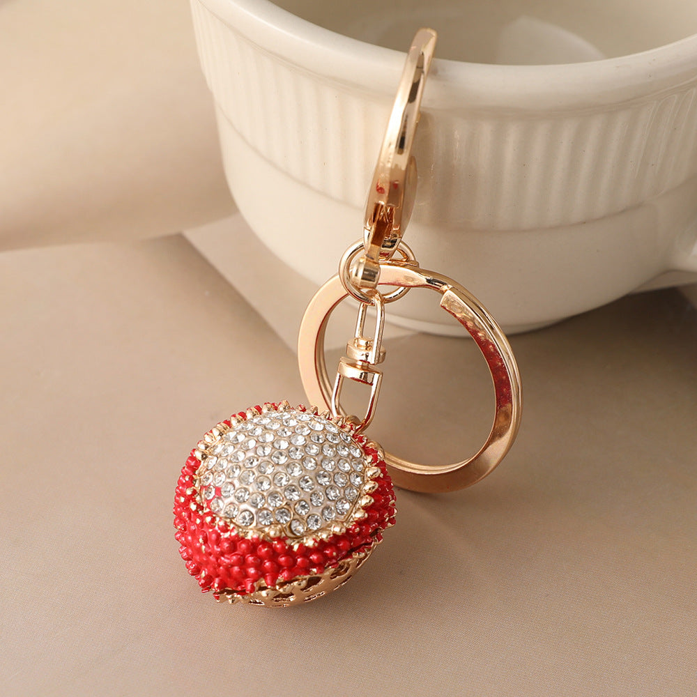 Rhinestone Lychee Fruit Charm Keychain - Red - 2