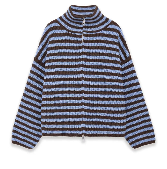 Ribbed Stripe Funnel Neck Zip Knit Cardigan - BlueBrown