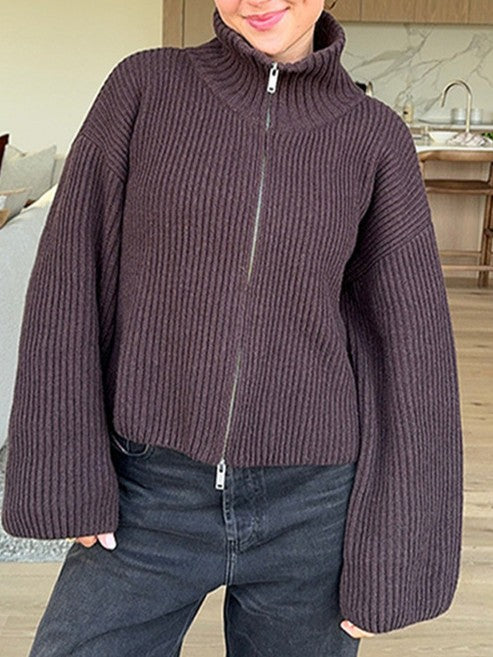 Ribbed Stripe Funnel Neck Zip Knit Cardigan - Brown