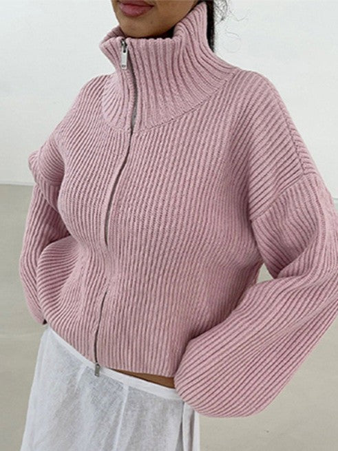 Ribbed Stripe Funnel Neck Zip Knit Cardigan - Pink