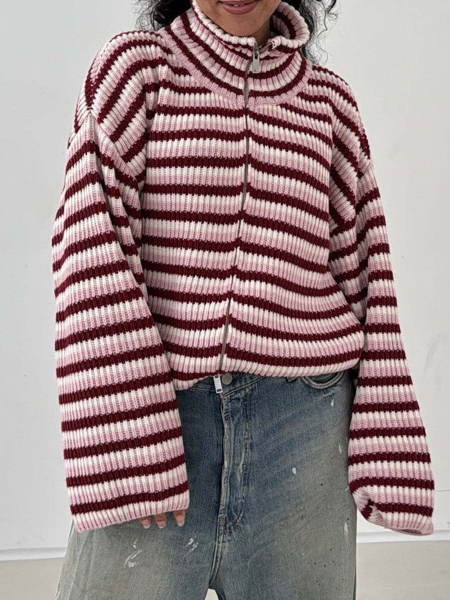 Ribbed Stripe Funnel Neck Zip Knit Cardigan - PinkWhite